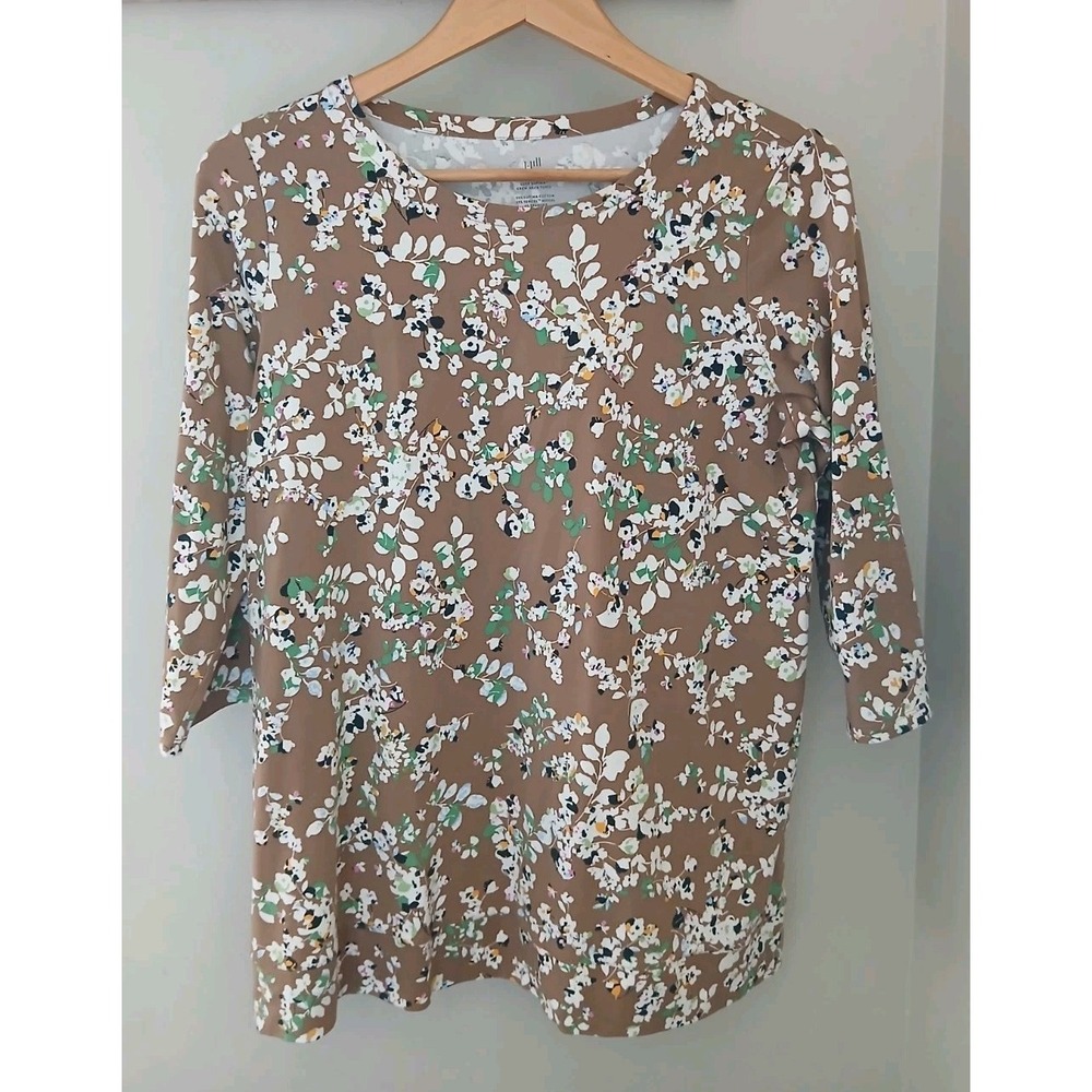 J. Jill Luxe Supima Crew Neck Tunic Top Size Medium Brown Floral Cottagecore